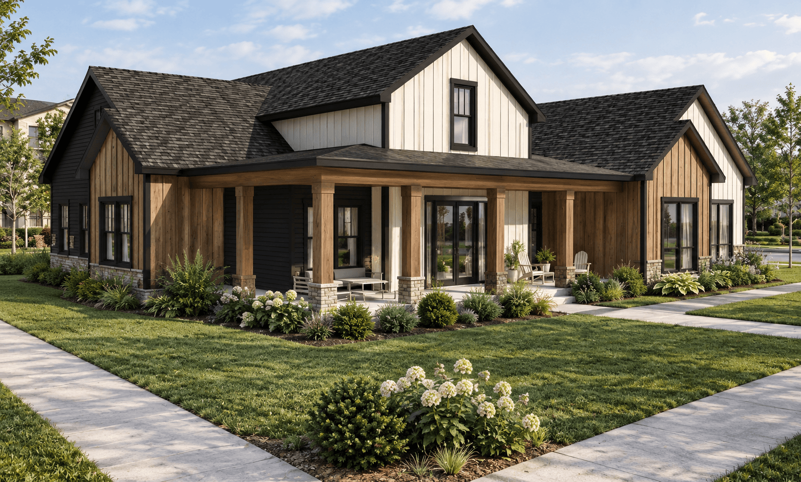 A modern house with a black roof and wooden sidings.